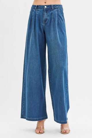 RISEN Pleated Wide Leg Denim Jeans