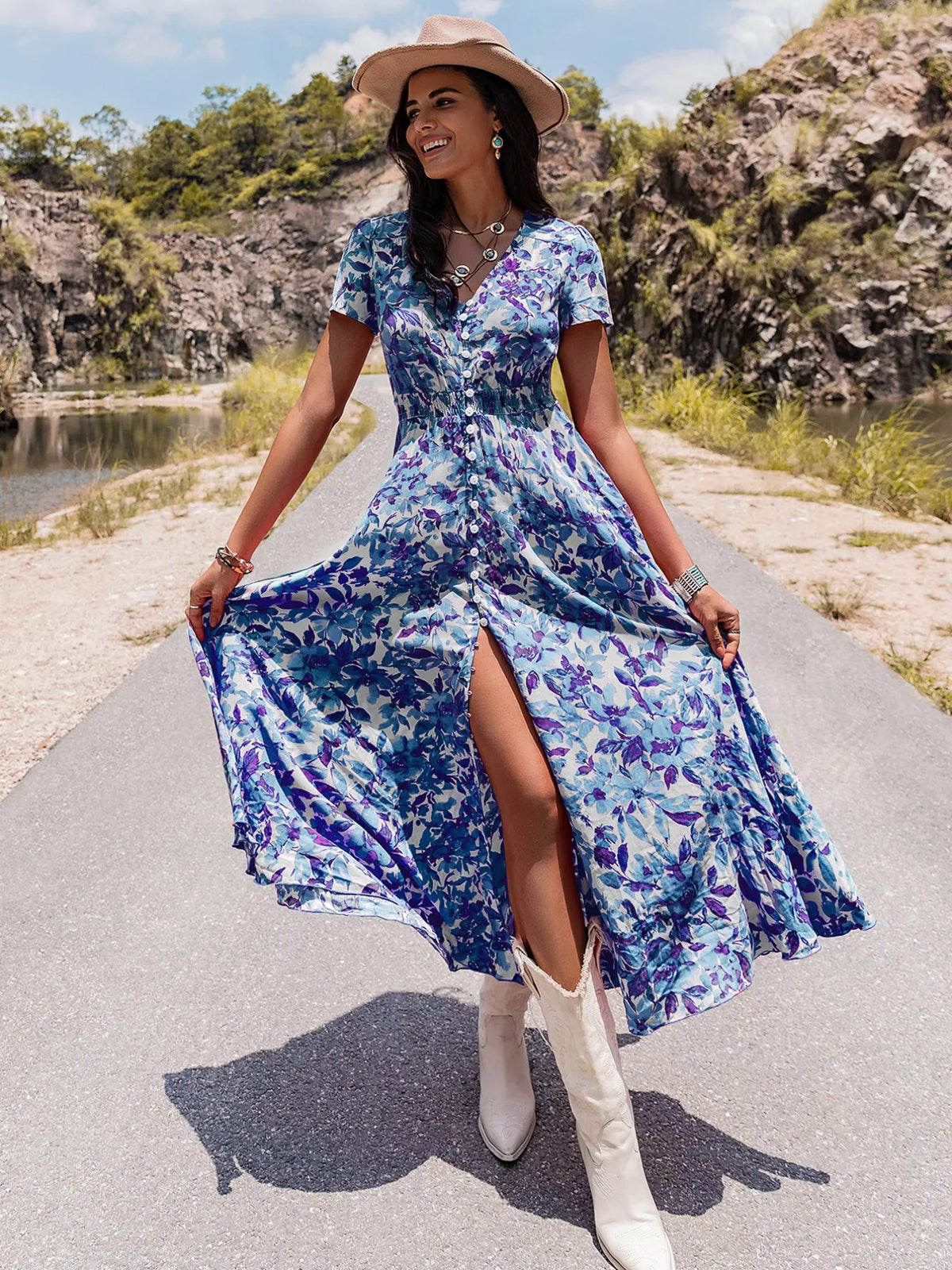 Floral Print V-Neck Slit Midi Dress - Glamourous Grace