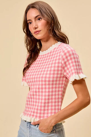 SO ME Gingham Knit Ruffled Short Sleeves Sweater Top - Glamourous Grace