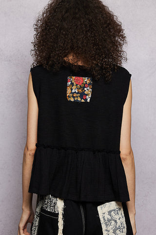 POL Floral Patch Ruffled Sleeveless Top with Raw Edge Detail - Glamourous Grace