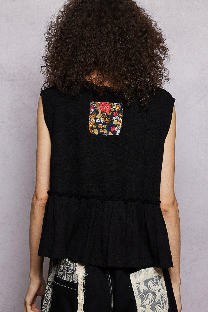 POL Floral Patch Ruffled Sleeveless Top with Raw Edge Detail - Glamourous Grace