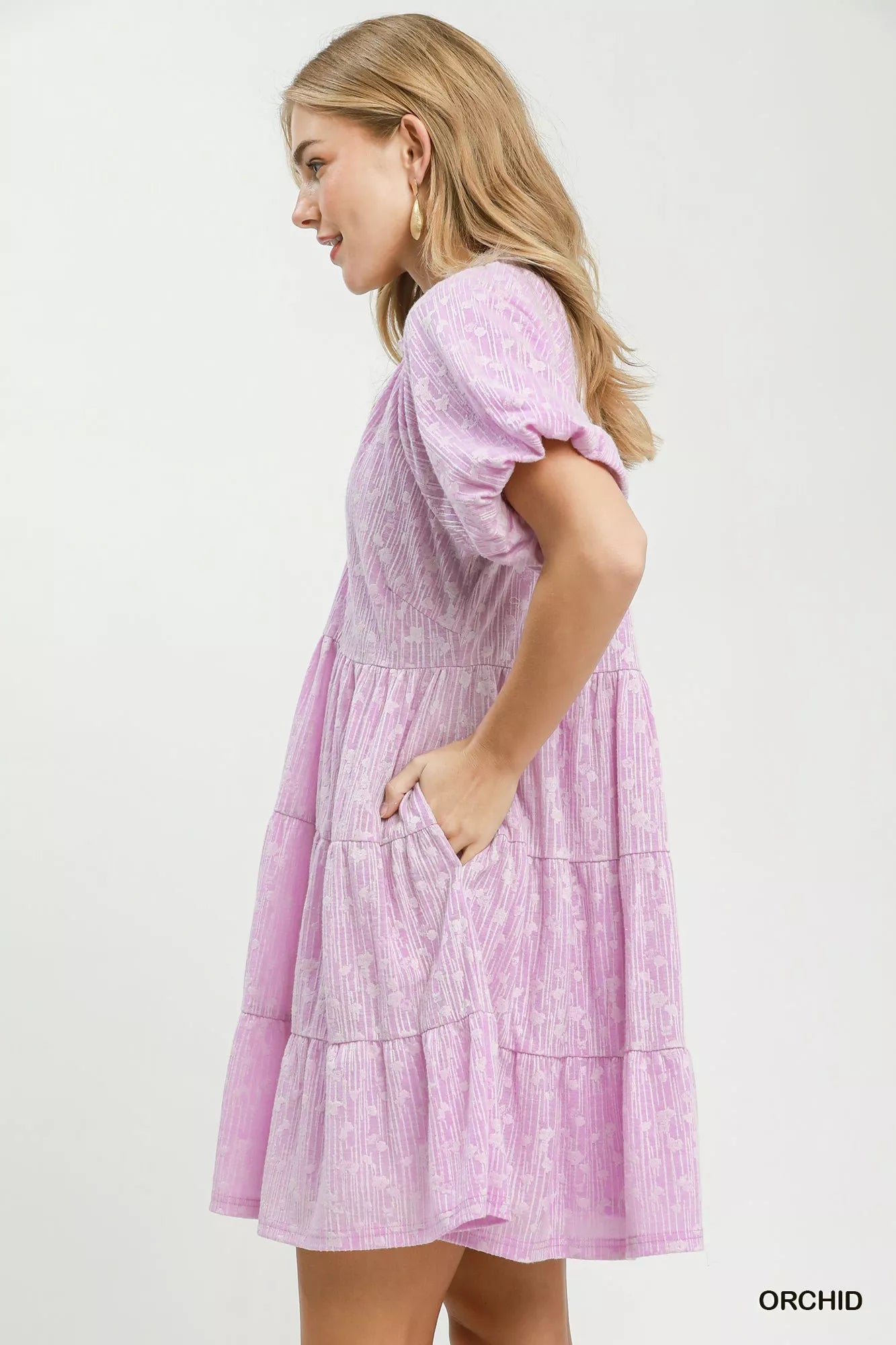 Umgee Jacquard Puff Sleeve Mini Dress - Glamourous Grace