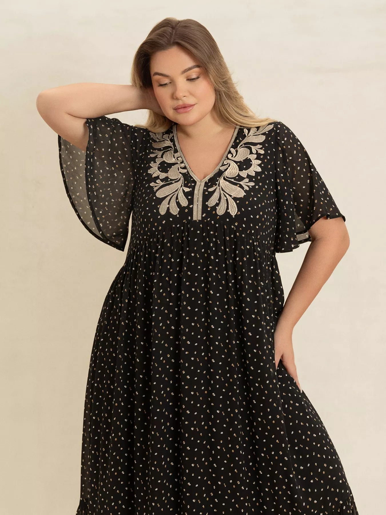 Plus Size Printed V-Neck Flutter Sleeve Maxi Dress - Glamourous Grace