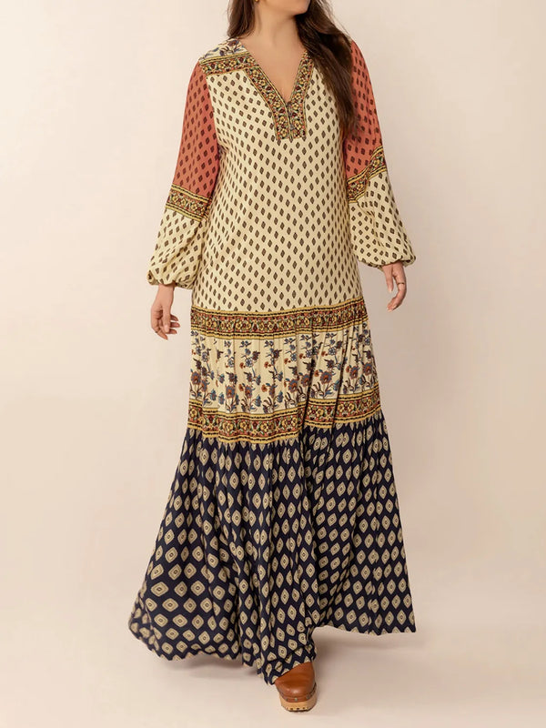 Printed V-Neck Balloon Sleeve Maxi Dress - Glamourous Grace