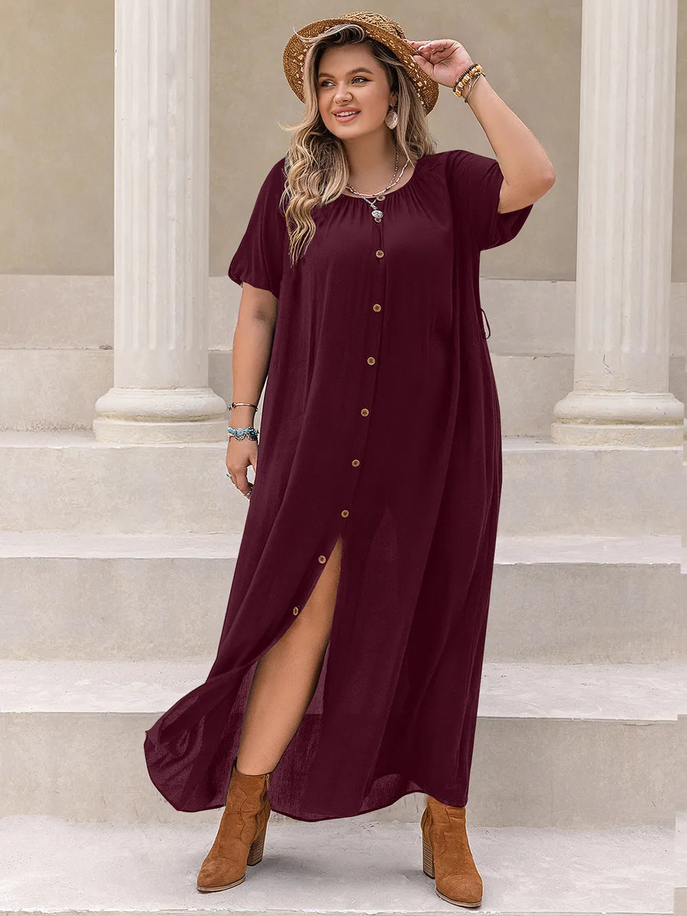 Plus Size Round Neck Half Sleeve Dress - Glamourous Grace
