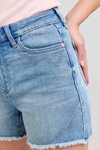 Judy Blue Full Size High Waist Western Embroidery Detail Cut Off Denim Shorts Plus Size