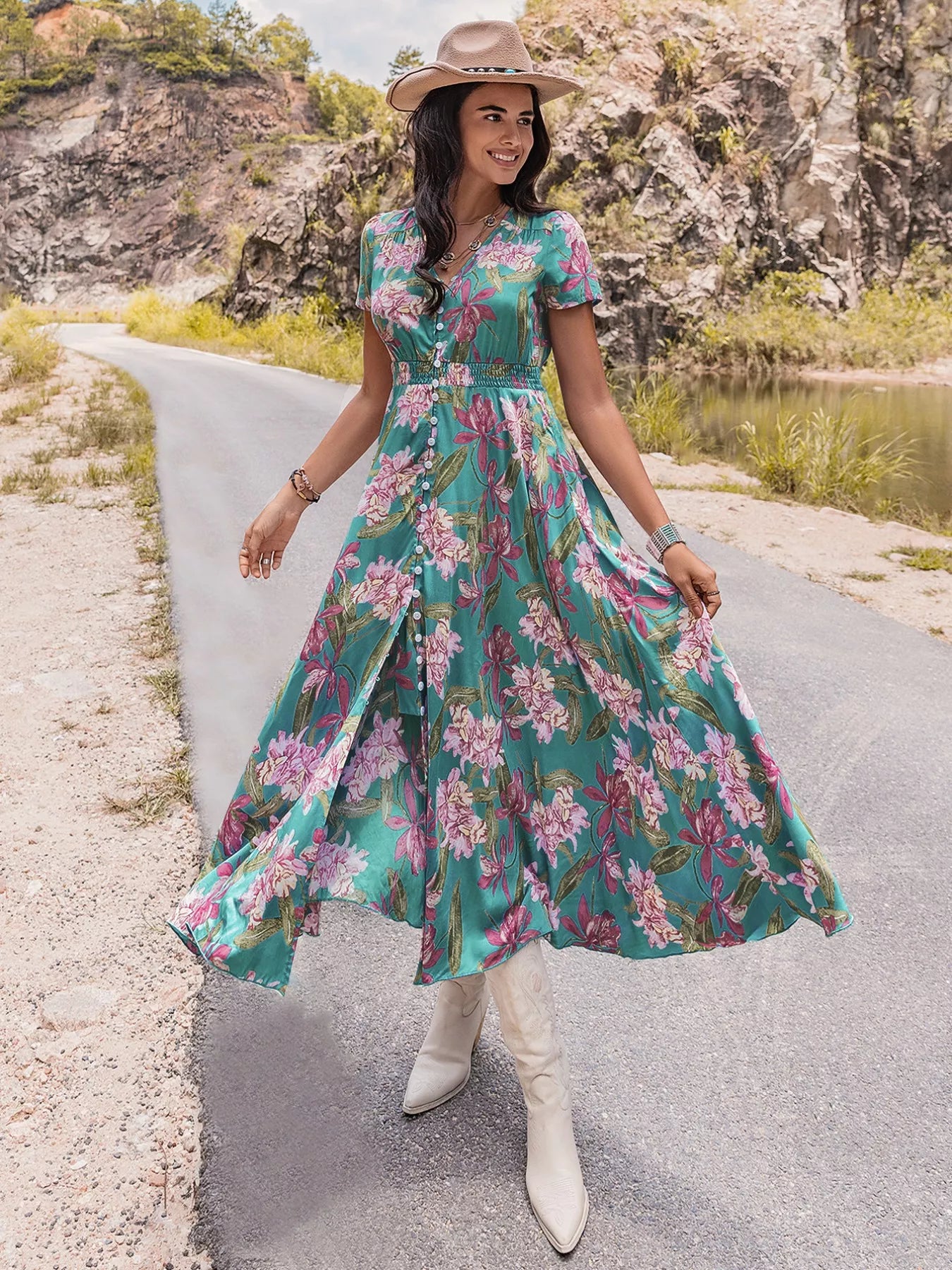 Floral Print Short Sleeve Dress - Glamourous Grace