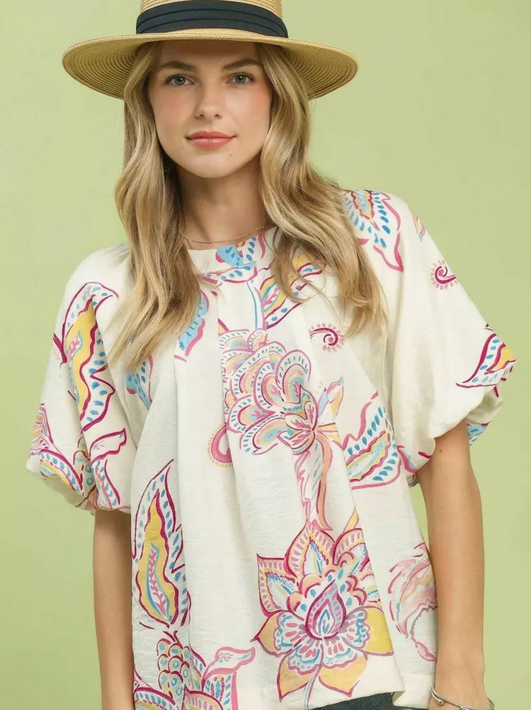 Umgee Paisley Print Puff Sleeve Top - Glamourous Grace