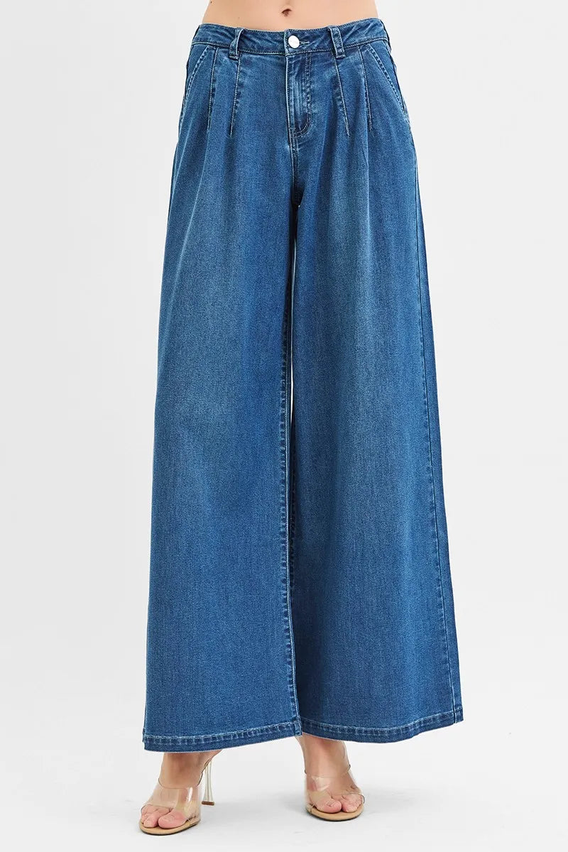 RISEN Pleated Wide Leg Denim Jeans