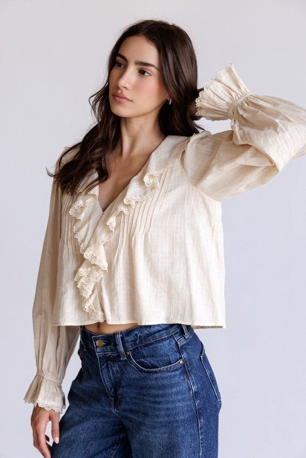 Adhara Cream Ruffle V-Neck Blouse - Glamourous Grace