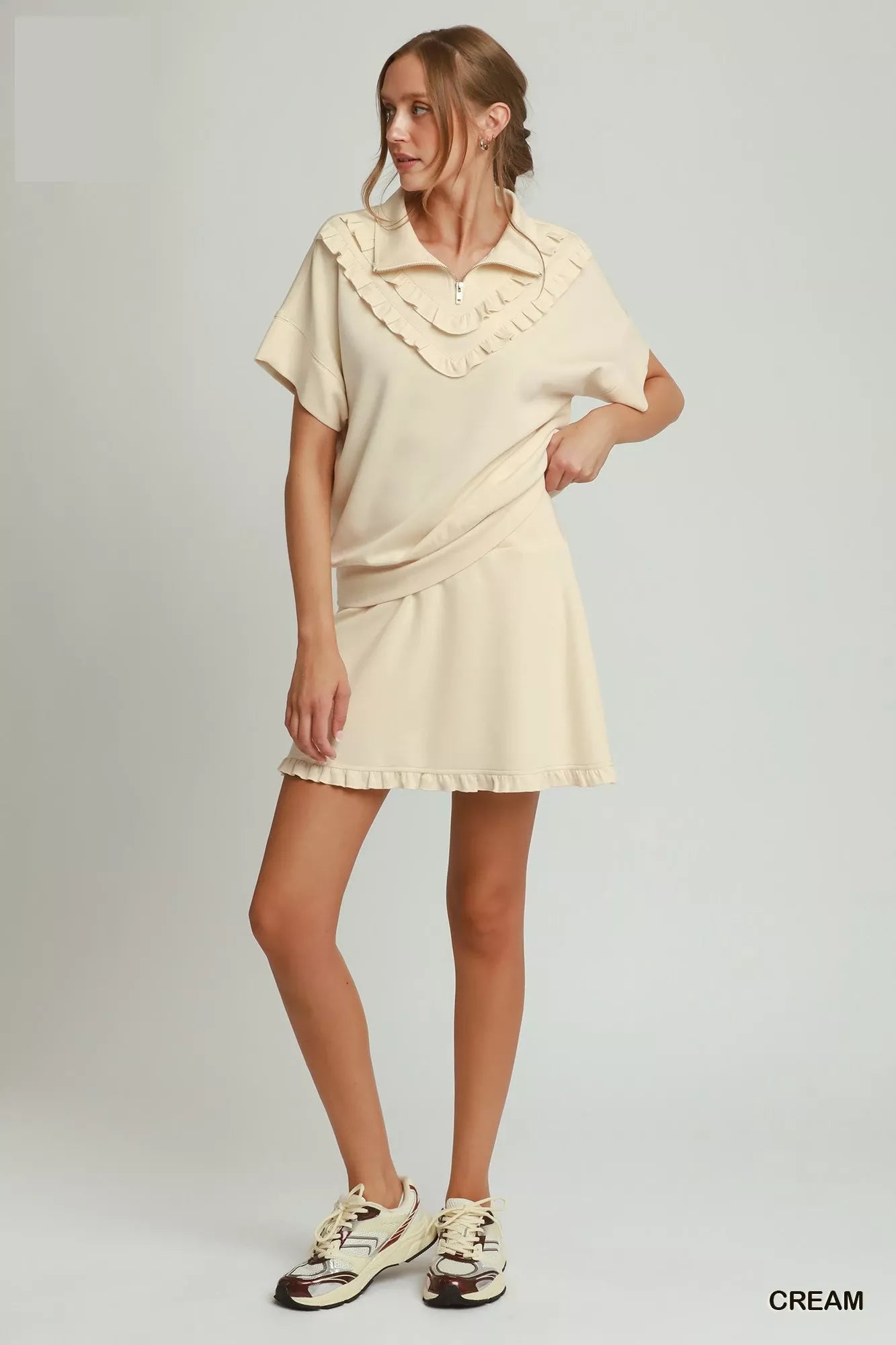 Umgee Ruffle Quarter Zip Short Sleeve Top - Glamourous Grace