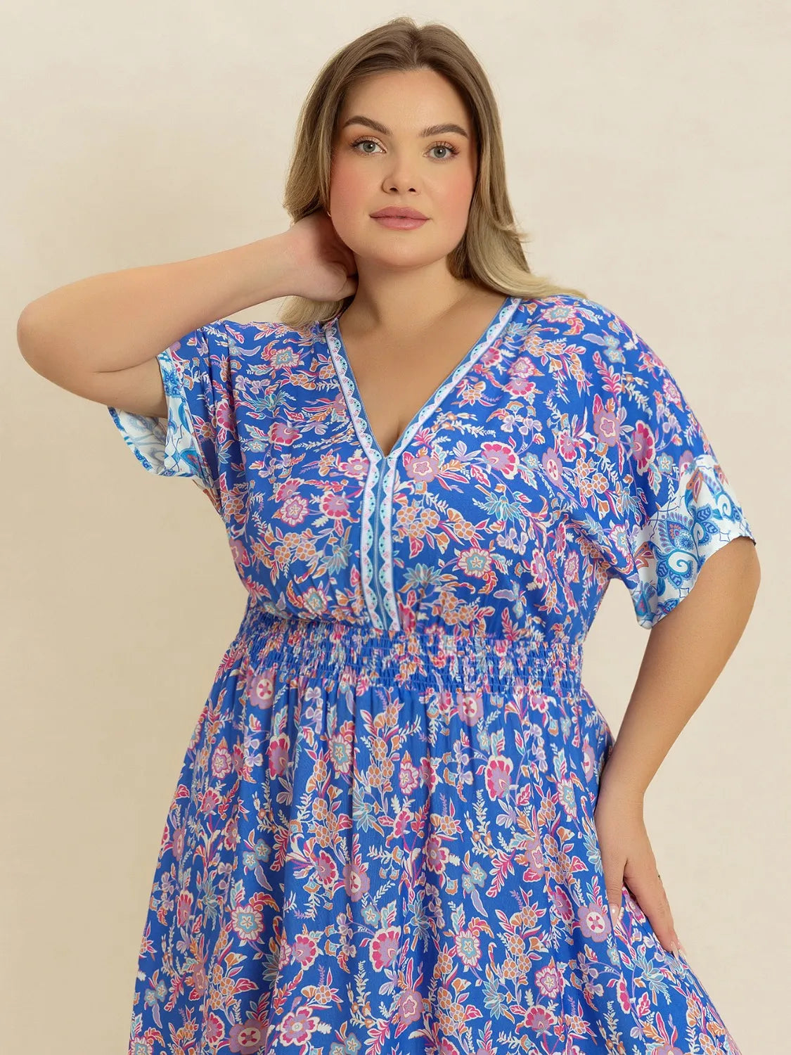 Plus Size Smocked Printed Half Sleeve Midi Dress - Glamourous Grace