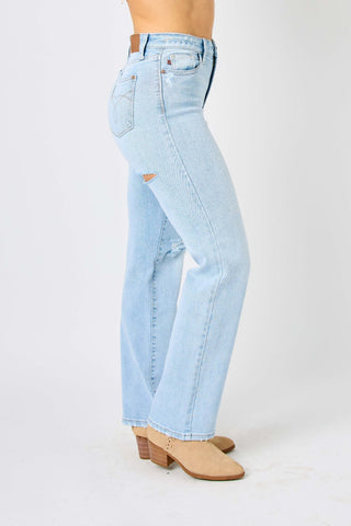 Judy Blue High Waisted Distressed Straight Leg Blue Denim Jeans