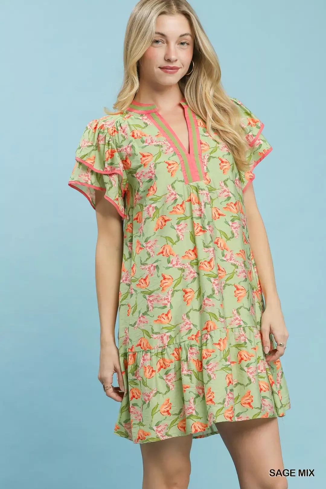 Umgee Floral Flutter Sleeve Tiered Dress - Glamourous Grace