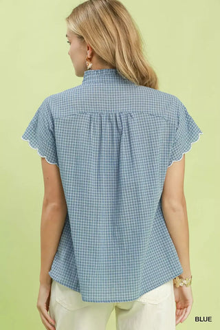 Umgee Embroidered Print Scallop Sleeve Button Front Blouse - Glamourous Grace