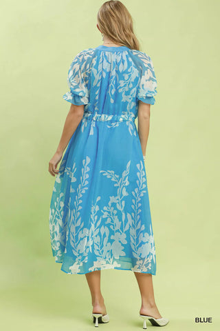 Umgee Floral Print Tie Waist Midi Dress with Side Pockets - Glamourous Grace