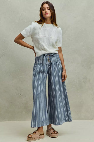 SO ME Mid Rise Stripe Denim Washed Pleat Wide Leg Pants - Glamourous Grace