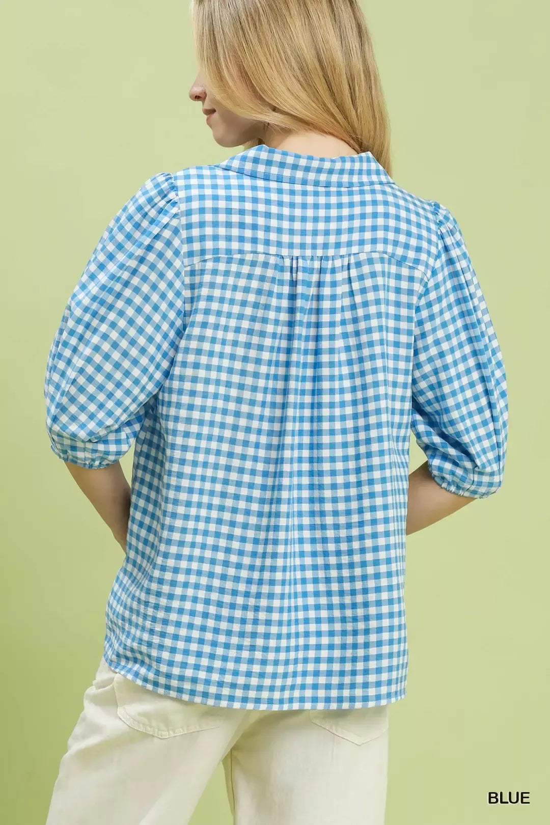 Umgee Gingham Puff Sleeve Collared Blouse - Glamourous Grace