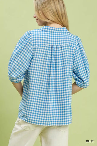 Umgee Gingham Puff Sleeve Collared Blouse - Glamourous Grace