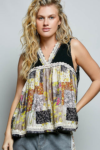 POL Floral V-Neck Sheer Tank with Lace Trim - Glamourous Grace