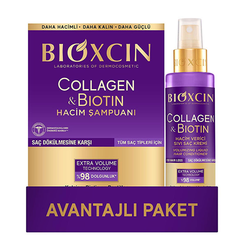Bioxcin Collagen Biotin Shampoo & Leave-In Conditioner Set: Volumize, Strengthen & Prevent Hair Loss - Thickening Shampoo for Thin Hair - Glamourous Grace