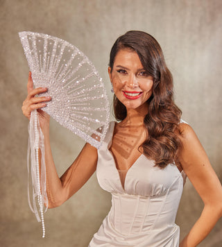 Elegant Pearl and Sequin Bridal Fan - Glamourous Grace