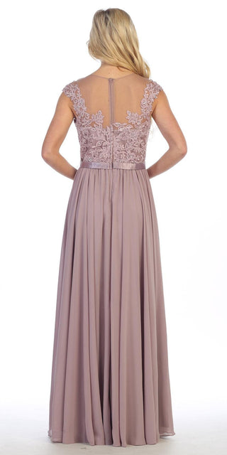 CLEARANCE - Floor Length A Line Mocha Evening Dress Cap Sleeve Chiffon (Size Large)