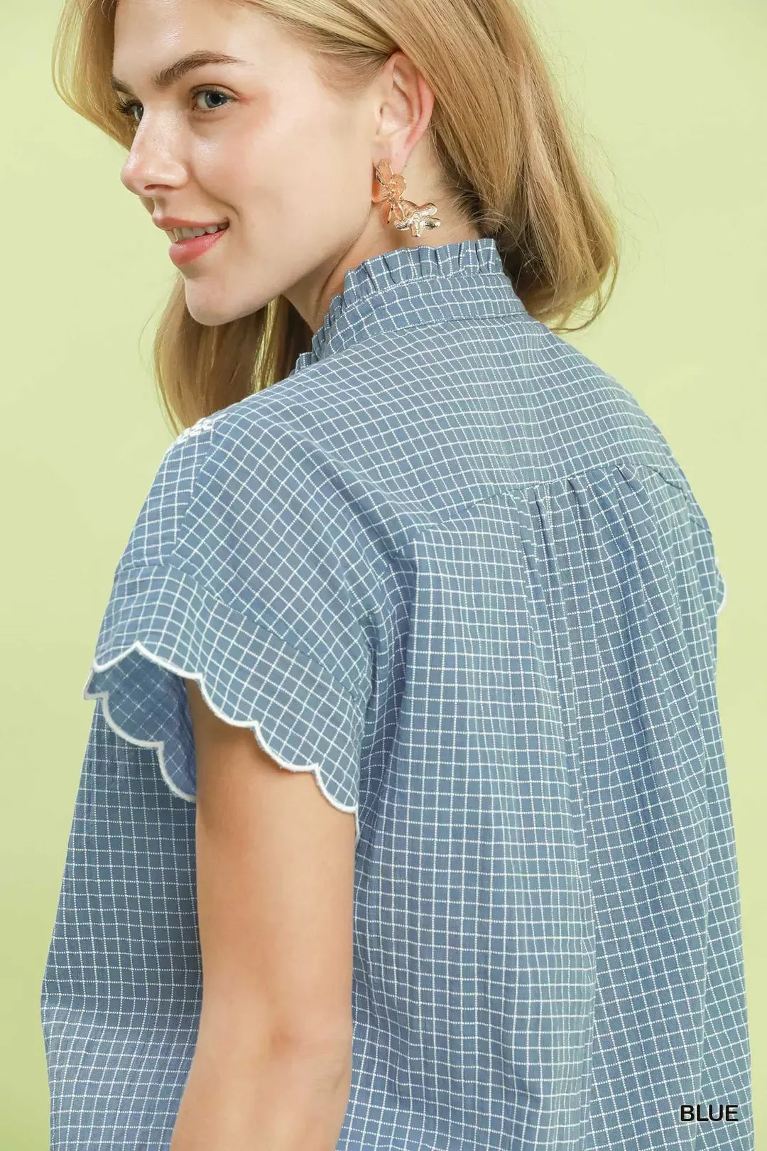 Umgee Embroidered Print Scallop Sleeve Button Front Blouse - Glamourous Grace