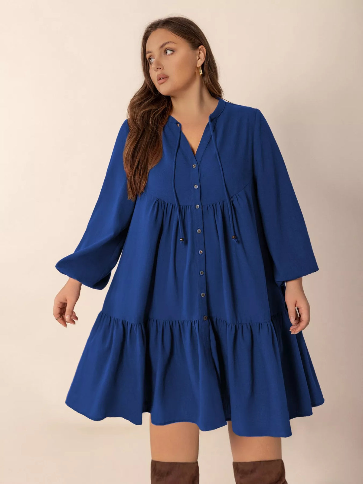 Plus Size Tie Neck Balloon Sleeve Dress - Glamourous Grace