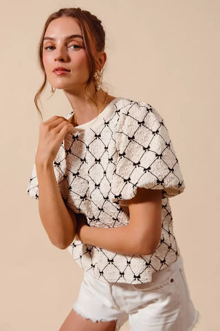 SO ME Bow Texture Woven Bubble Sleeve Top - Glamourous Grace