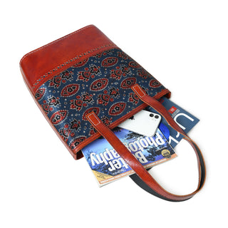 Neela Ajrakh Leather Tote Bag - Glamourous Grace