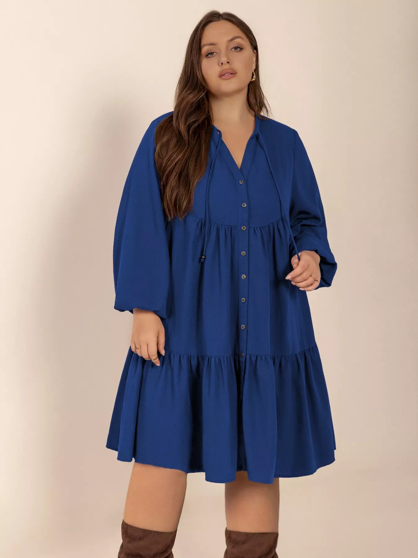 Plus Size Tie Neck Balloon Sleeve Dress - Glamourous Grace