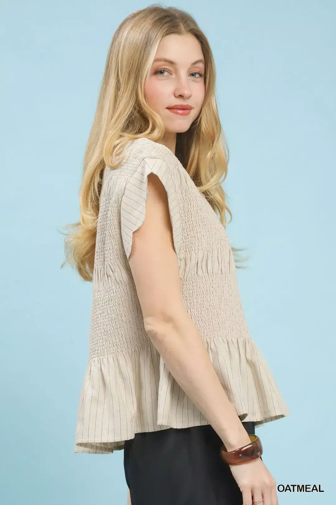 Umgee Pinstripe Smocked Peplum Top - Glamourous Grace