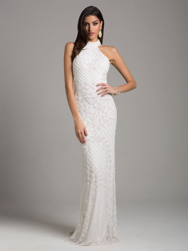 Lara Lattice-Beaded Halter Neck Sheath Wedding Gown - Glamourous Grace