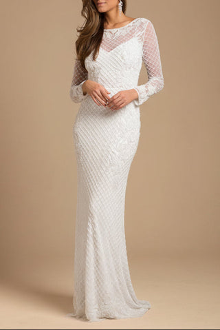 High Neck, Long Sleeve Beaded Wedding Gown | Lara 51004 - Glamourous Grace