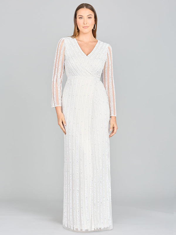 Lara Blair Long-Sleeve Beaded Surplice Sheath Gown - Glamourous Grace