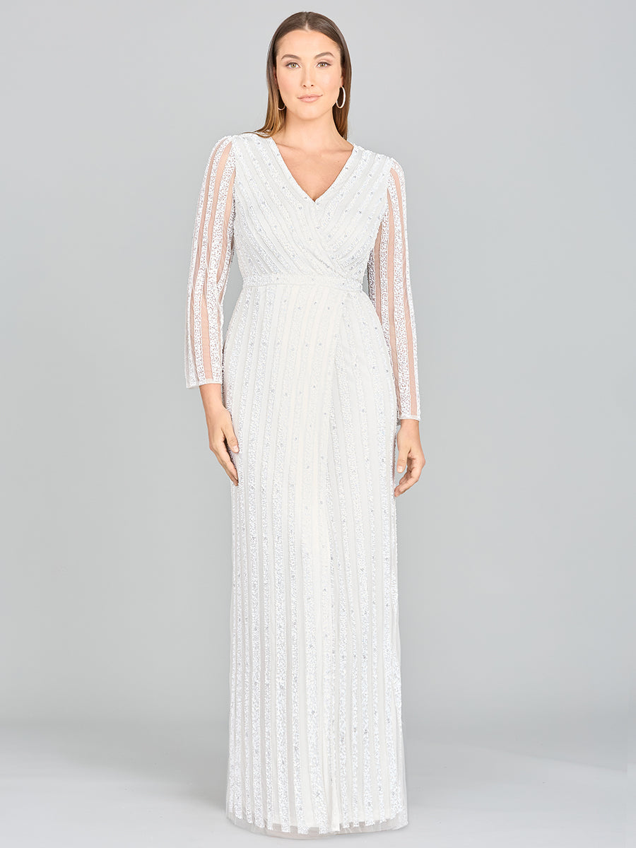 Lara Blair Long-Sleeve Beaded Surplice Sheath Gown - Glamourous Grace