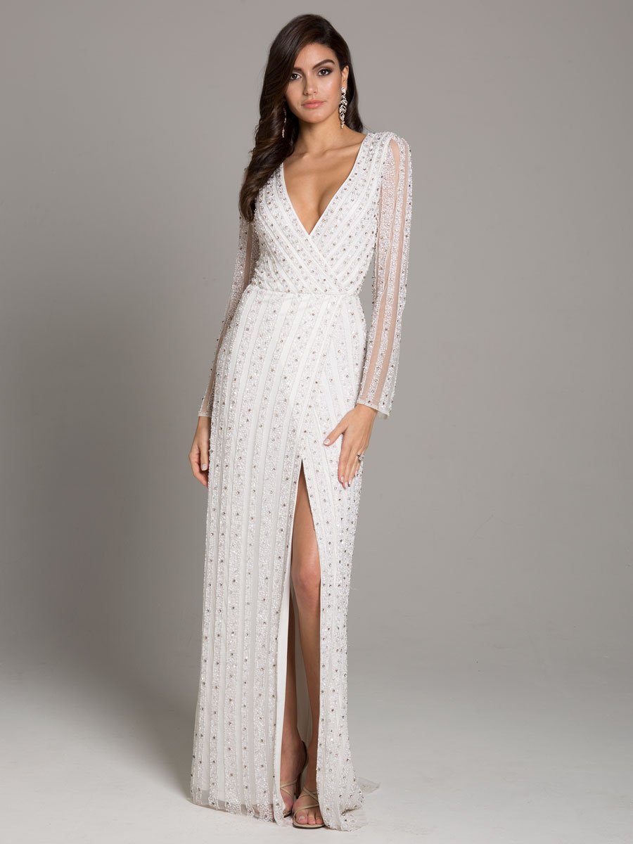 Lara Blair Long-Sleeve Beaded Surplice Sheath Gown - Glamourous Grace