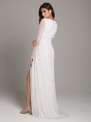 Lara Blair Long-Sleeve Beaded Surplice Sheath Gown - Glamourous Grace
