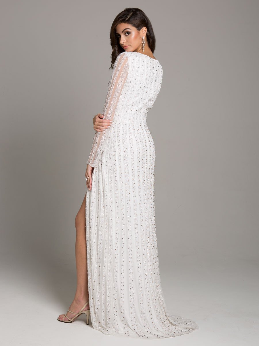 Lara Blair Long-Sleeve Beaded Surplice Sheath Gown - Glamourous Grace