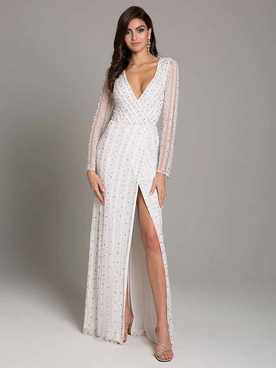 Lara Blair Long-Sleeve Beaded Surplice Sheath Gown - Glamourous Grace