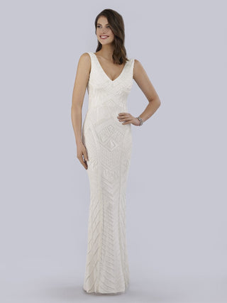 Lara Bryant beaded tank sheath wedding dress by Lara New York, featuring intricate beadwork and elegant silhouette.