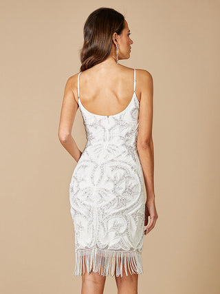 Lara Demi Beaded Short Fringe Wedding Dress - Glamourous Grace