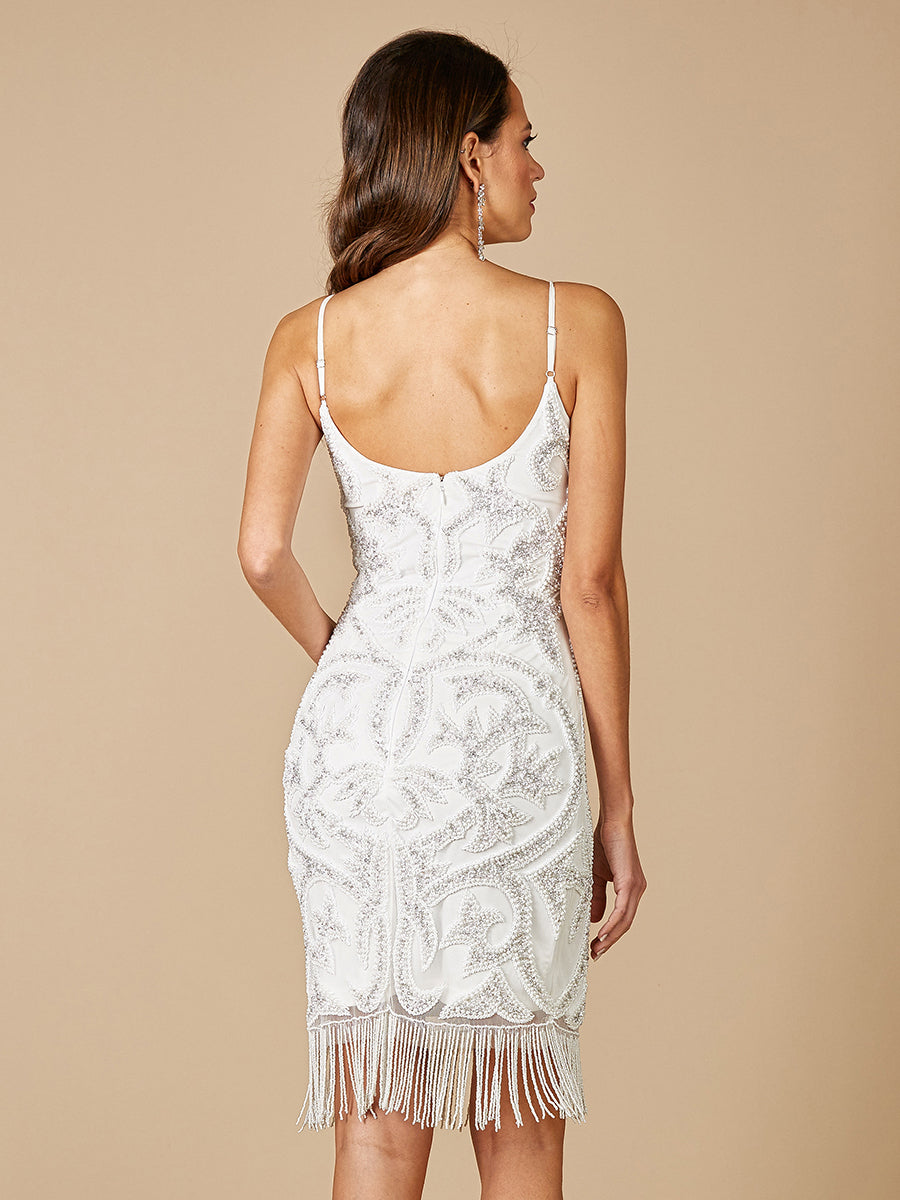 Lara Demi Beaded Short Fringe Wedding Dress - Glamourous Grace
