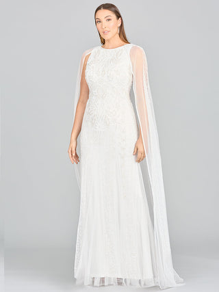 Lara Eve beaded cape sleeve wedding dress from Lara New York featuring intricate beadwork and elegant cape sleeves.