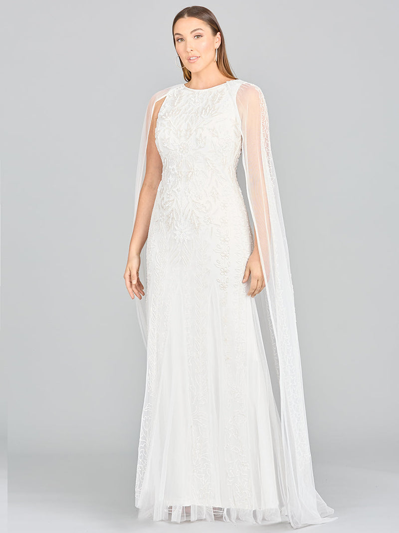 Lara Eve Beaded Cape Sleeve Wedding Dress - Glamourous Grace