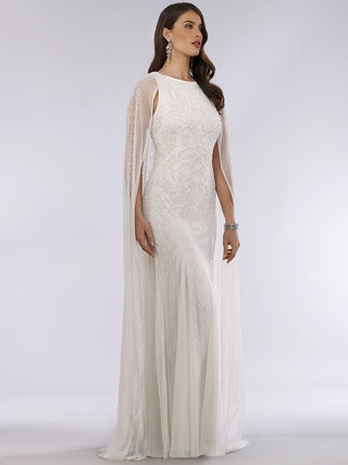 Lara Eve beaded cape sleeve wedding dress by Lara New York, featuring elegant beaded detailing and flowing fabric.