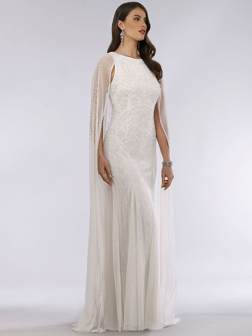 Lara Eve Beaded Cape Sleeve Wedding Dress - Glamourous Grace