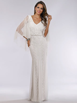 Lara Ella Beaded Cape Sleeve Wedding Dress from Lara New York featuring intricate beadwork and elegant cape sleeves.
