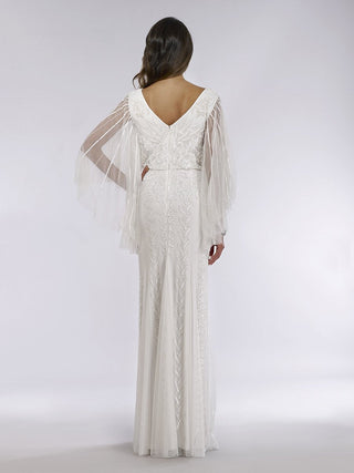 Lara Ella beaded cape sleeve wedding dress by Lara New York, featuring intricate beadwork and elegant design.